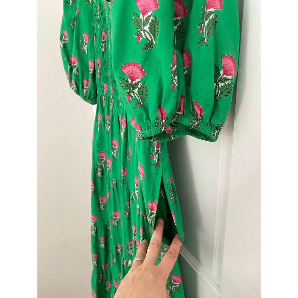 PINK CITY PRINTS Tuckernuck Parakeet Blossom Angelina Midi Smocked Dress Green M - Picture 4 of 9